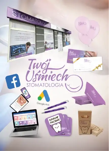A branding and marketing material showcase for a dental clinic named Twój Uśmiech. Includes a laptop, business cards, branded pens, loyalty cards, and a shop window visualization in purple colors.