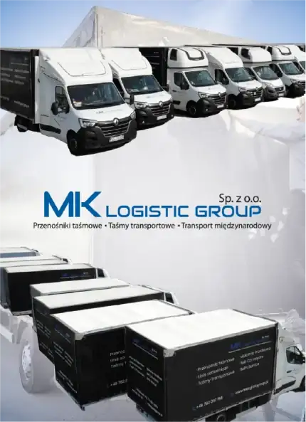 A corporate fleet and logistics branding presentation for MK Logistic Group. Shows a line of branded white transport vans and a row of black cargo trailers with company logos.