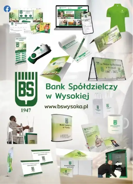 A promotional and corporate identity materials showcase for Bank Spółdzielczy w Wysokiej. Features roll-up banners, calendars, a branded green polo shirt, a mug, folders, and stationery with the bank's green logo.