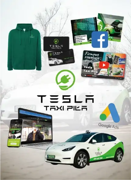 A branding and advertising mockup for a taxi company named Tesla Taxi Piła. Features a branded white Tesla car, a green hoodie, business cards, Facebook and Google Ads icons, and a smartphone showing a mobile app.
