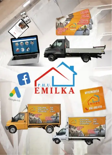 A marketing and fleet branding presentation for a delivery company named P.H.U. Emilka. Displays a delivery truck with custom graphics, a laptop, flyers, and social media badges on an abstract light background.