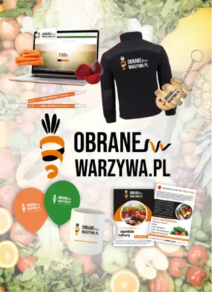 A brand identity showcase for a food delivery service named ObraneWarzywa.pl. Features a laptop, branded jacket, mug, flyers, and pens decorated with a carrot logo, all overlaid on a background of fresh vegetables.