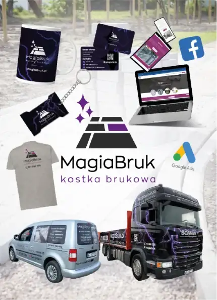 A MagiaBruk branding portfolio displaying corporate identity materials, digital marketing assets, and a branded transport fleet for a paving stone company.