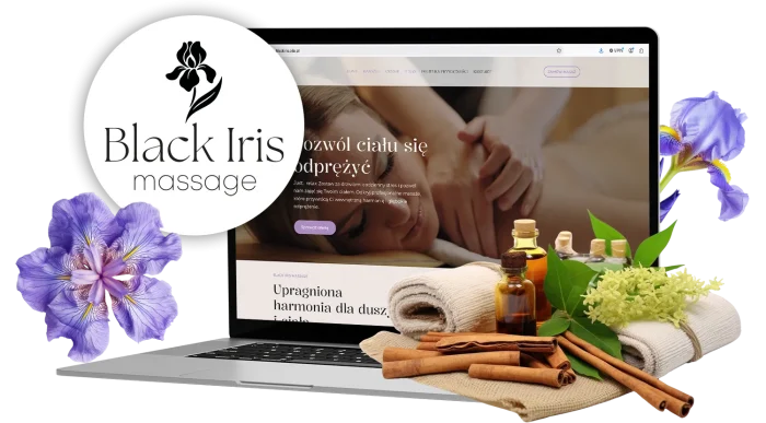 Projekt strony internetowej Black Iris Massage — wizualizacja na laptopie