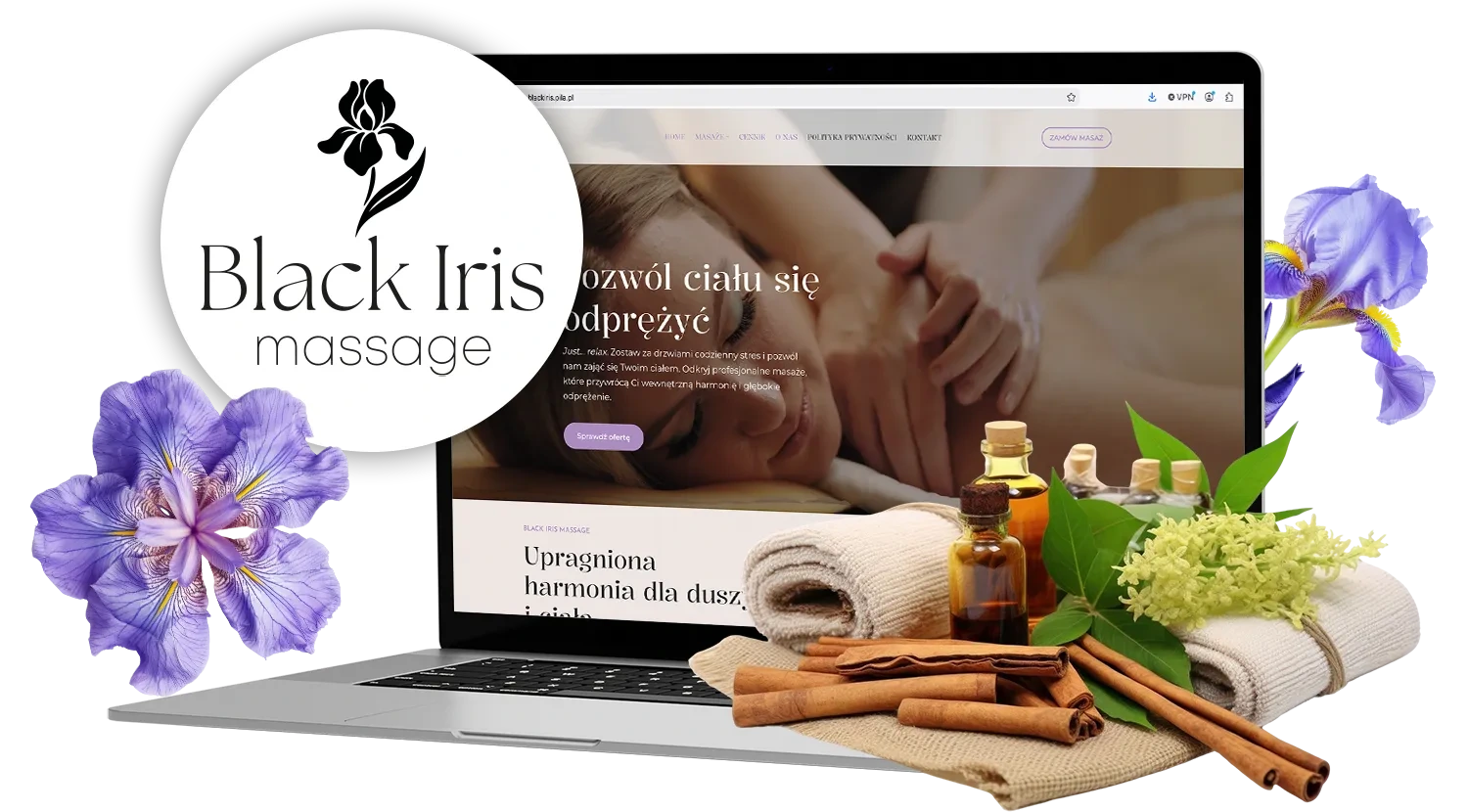 Strona Black Iris Massage na laptopie z logo salonu, fioletowymi irysami i akcesoriami do masażu