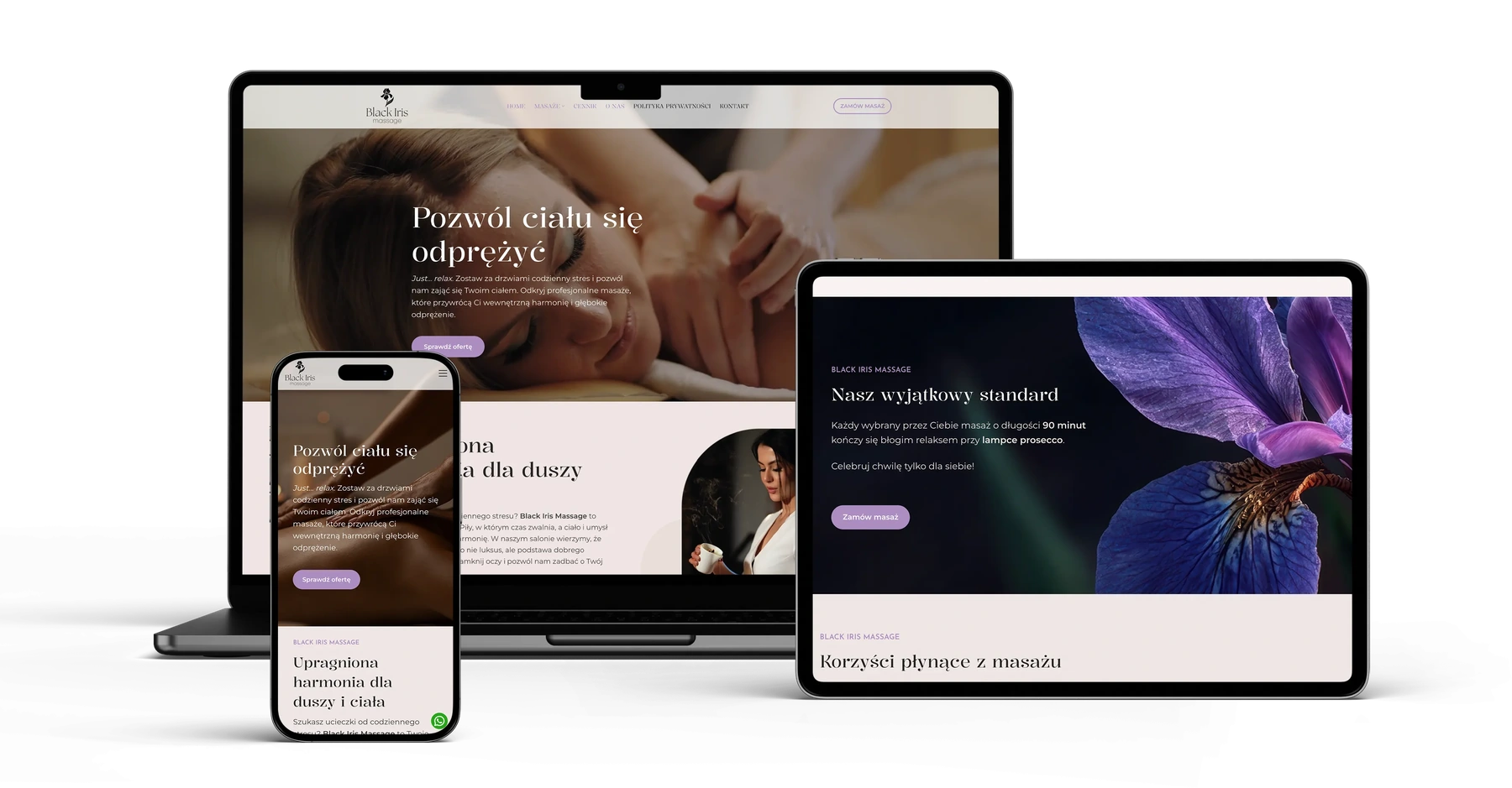 Responsywna strona Black Iris Massage zaprezentowana na laptopie, tablecie i telefonie