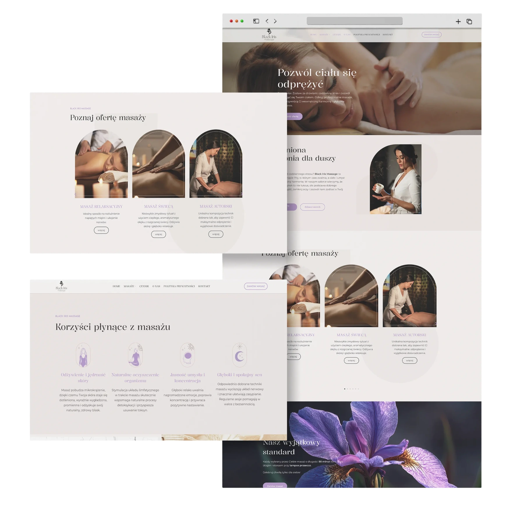 Zestaw widoków strony Black Iris Massage: strona główna, oferta masaży i sekcje informacyjne