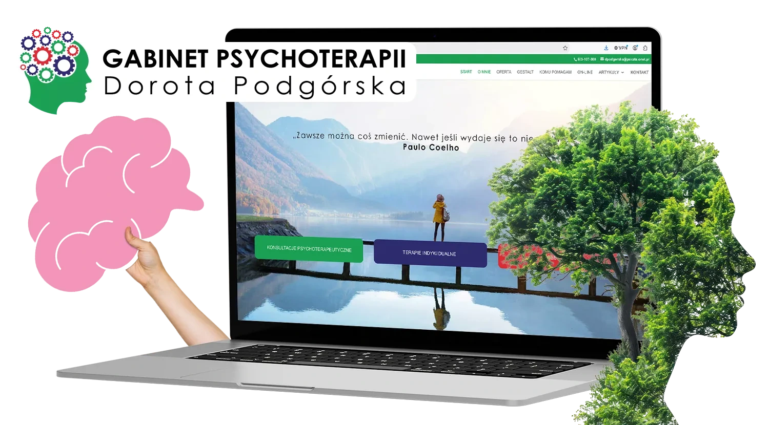 Strona gabinetu psychoterapii Doroty Podgórskiej na laptopie, z logo gabinetu i motywem drzewa