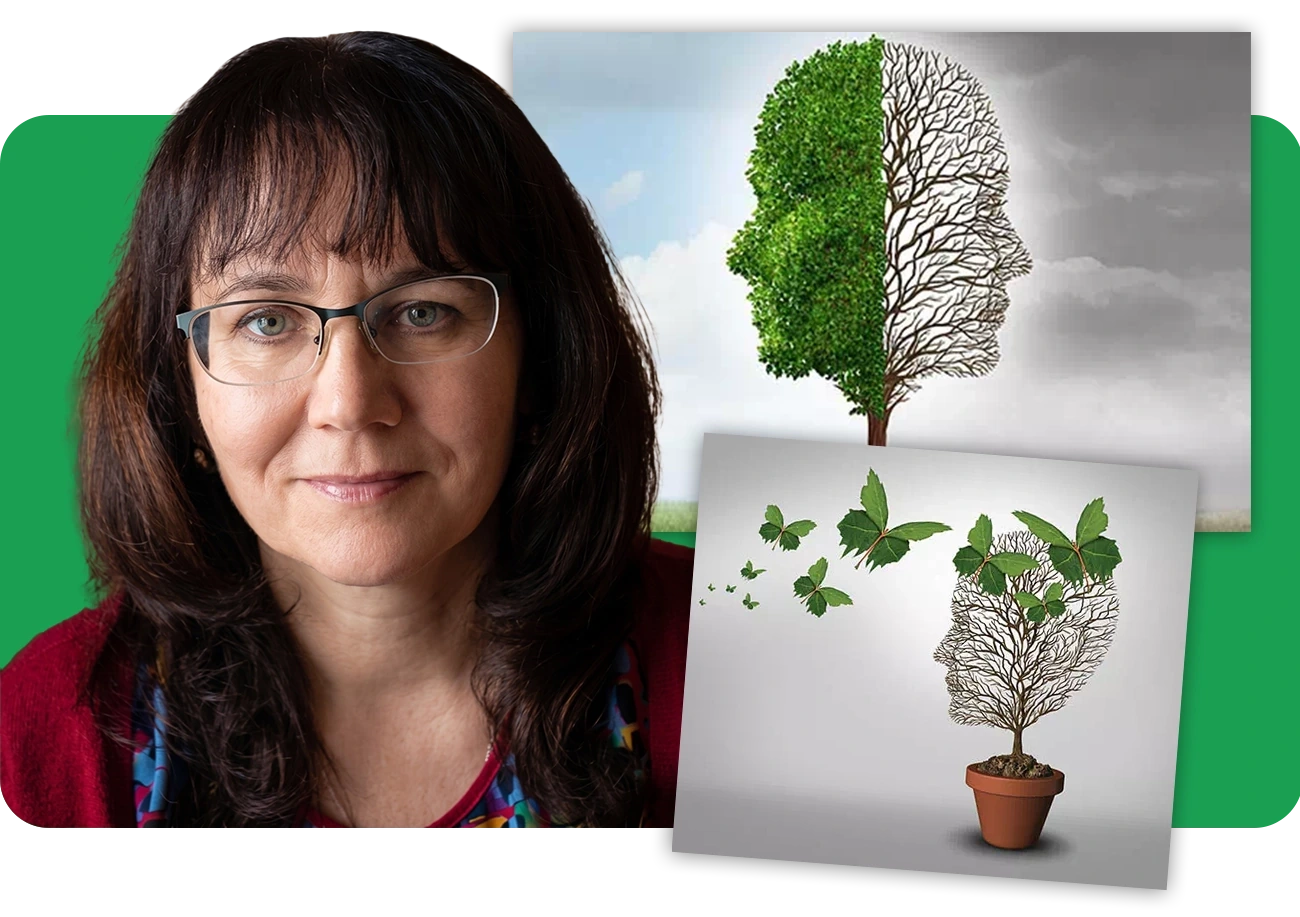 Dorota Podgórska oraz graficzne motywy drzewa i liści wykorzystane w projekcie gabinetu psychoterapii