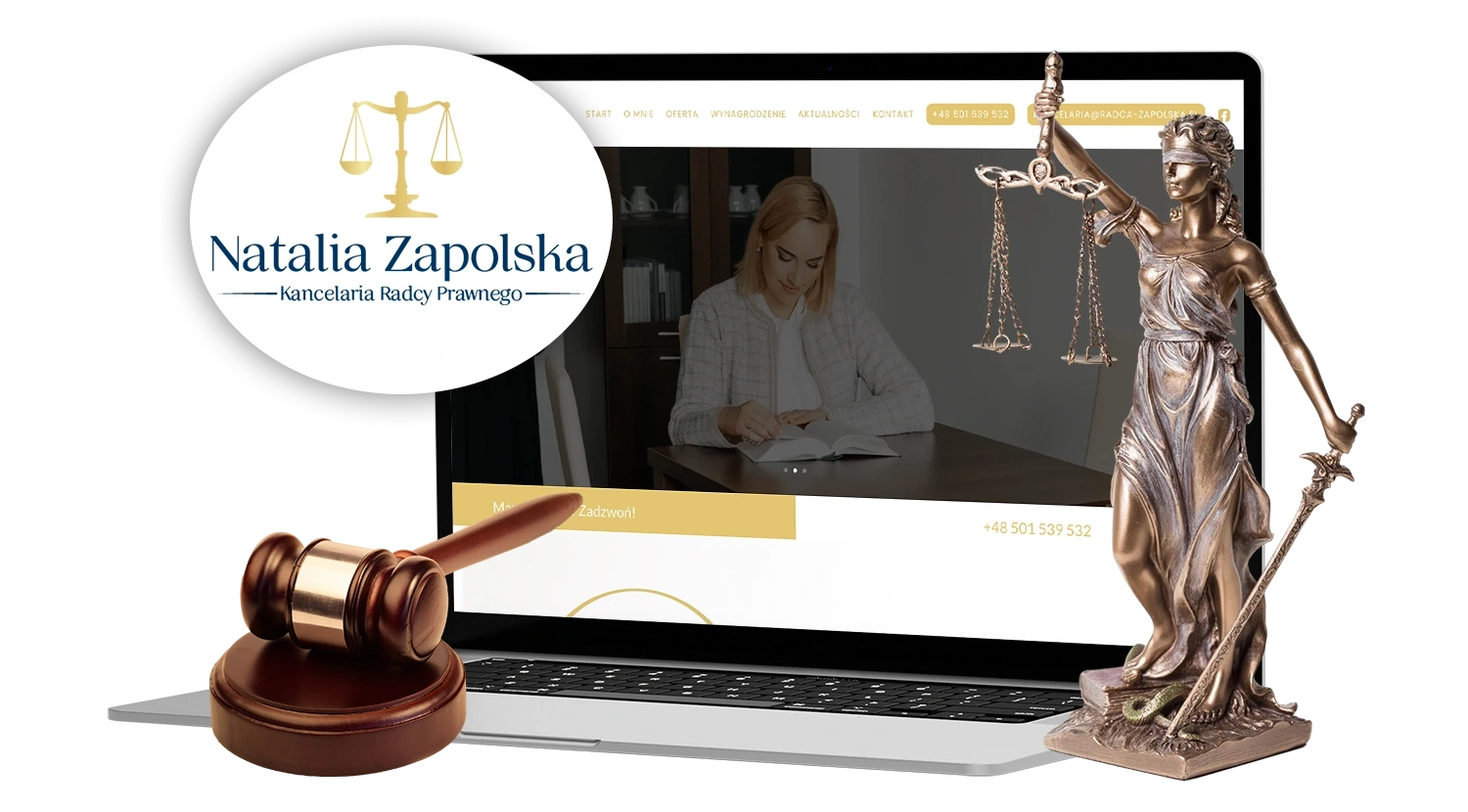 Strona Kancelarii Radcy Prawnego Natalii Zapolskiej na laptopie z logo kancelarii, figurą Temidy i młotkiem sędziowskim