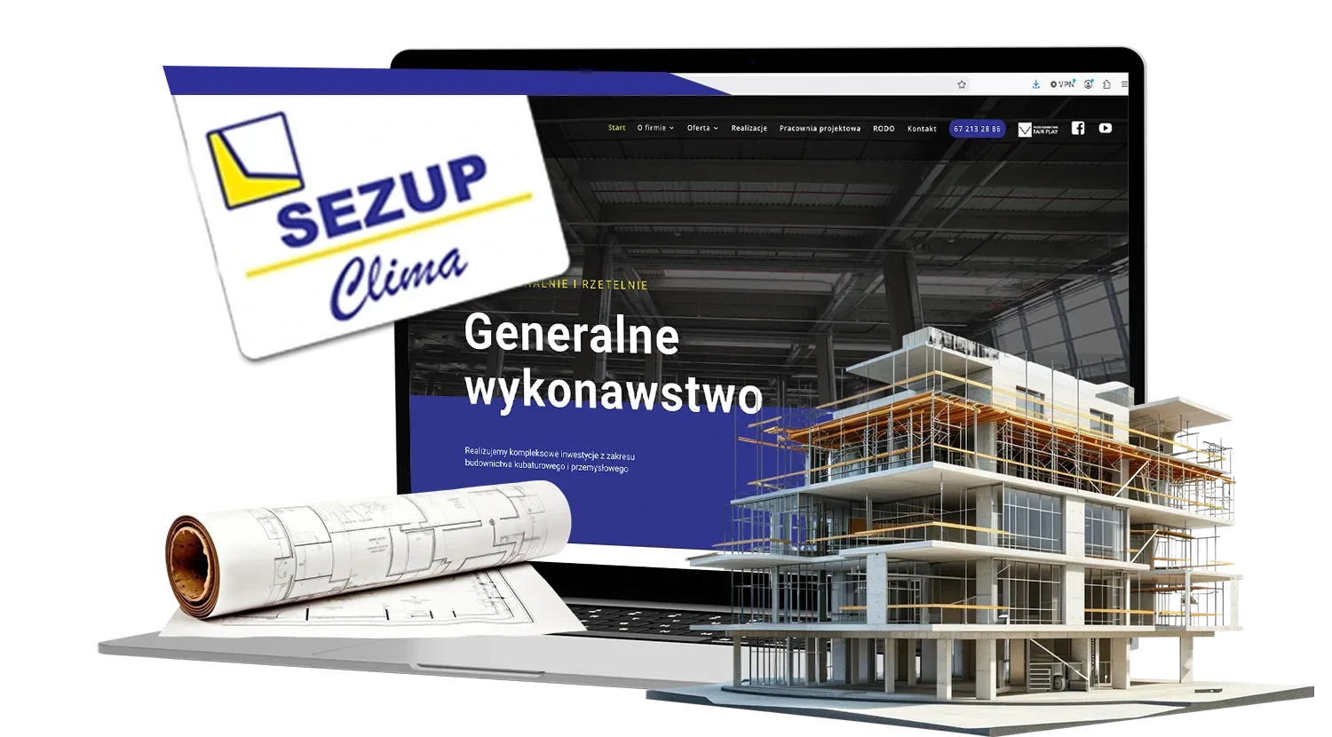 Strona SEZUP Clima na laptopie z logo firmy, planami budowlanymi i modelem budynku