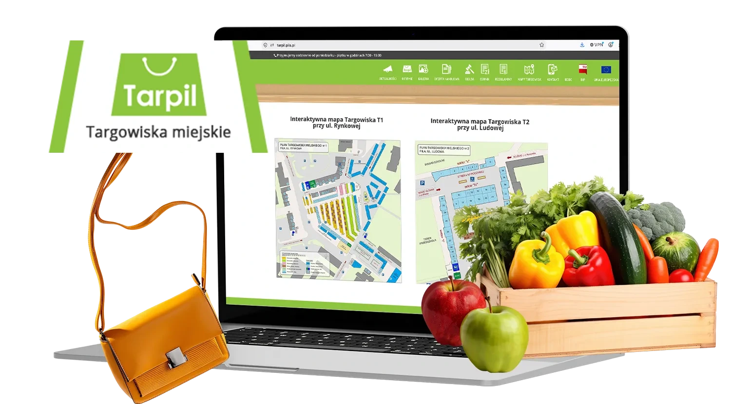 Strona Tarpil na laptopie z mapami targowisk, zielonym logo spółki, torbą zakupową i skrzynką warzyw