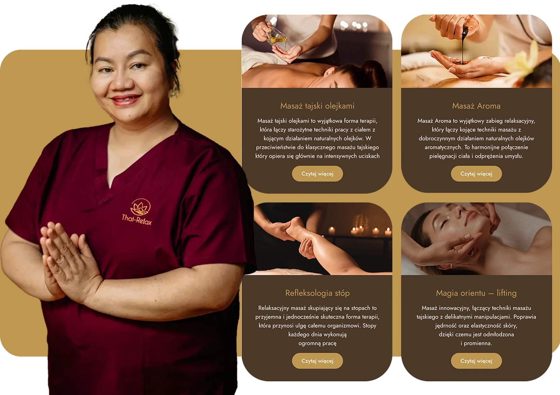 Masażystka Thai-Relax i wizualizacja oferty: masaże olejkami, Aroma, refleksologia stóp i masaż twarzy