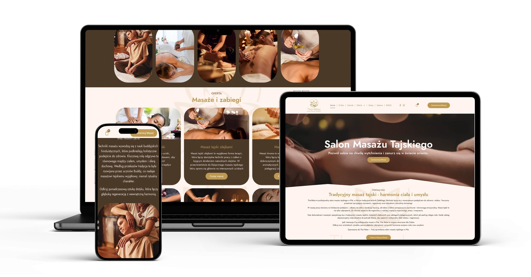 Responsywna strona Thai-Relax zaprezentowana na laptopie, tablecie i telefonie