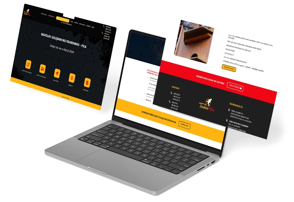 Projekt WG TaubenMax — strona edycji zawodów, informacje organizacyjne i kontakt na laptopie