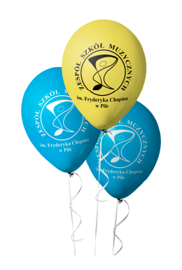 Balony reklamowe z logo szkoły muzycznej. Druk na balonach. Personalizowane balony na eventy z własnym nadrukiem.