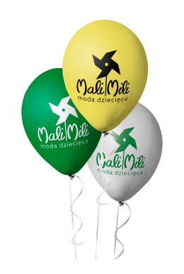 Balony reklamowe z logo "Mali Mili Moda Dziecięca". Druk na balonach. Balony personalizowane na eventy.