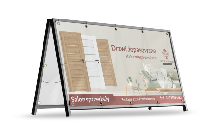 Baner reklamowy na stojaku, wizualizacja drzwi i wnętrza. Baner produktów do domu.
