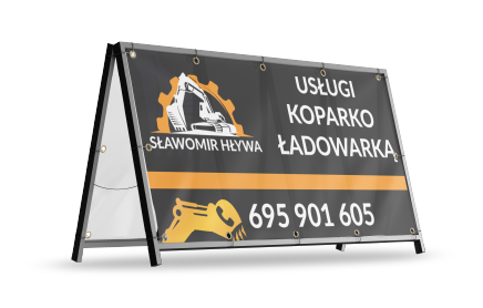 Baner reklamowy na stojaku, czarno-pomarańczowy, grafika koparki. Baner budowlany.