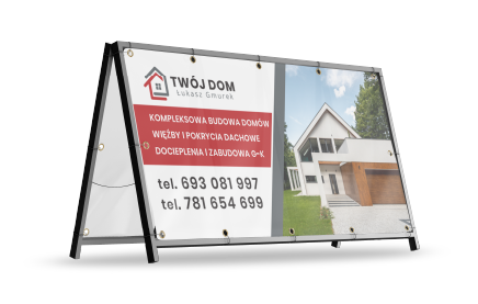 Baner reklamowy na stojaku, wizualizacja nowoczesnego domu. Baner budowlany.