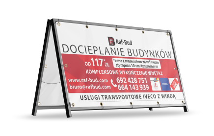 Baner reklamowy na stojaku, czerwono-biała grafika. Baner budowlany.