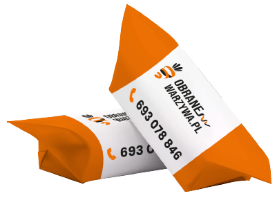 Krówki reklamowe z nadrukiem. Pomarańczowo-białe słodycze z logo warzyw, personalizowane krówki.