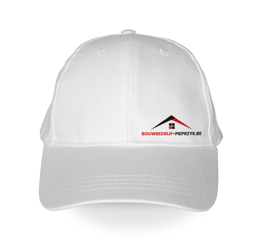 Czapka z daszkiem z nadrukiem. Biała czapka reklamowa z logo budowlanego, personalizowana.