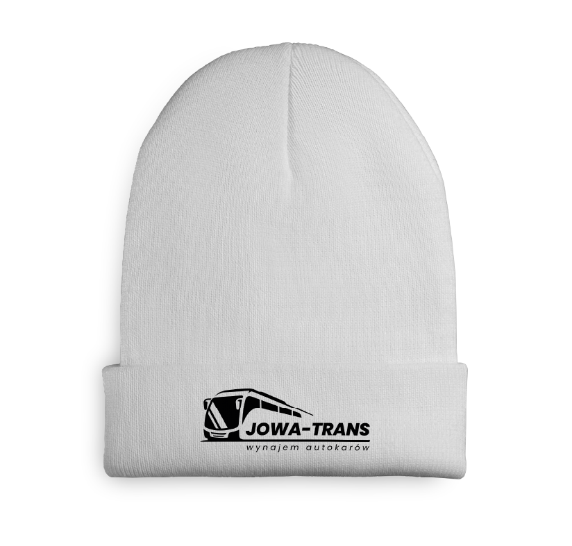Czapka beanie z nadrukiem. Czapka zimowa z logo wynajmu autokarów, personalizowana odzież firmowa.