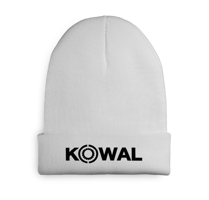 Czapka beanie z nadrukiem. Biała czapka zimowa z logo, produkcja personalizowanych czapek reklamowych.