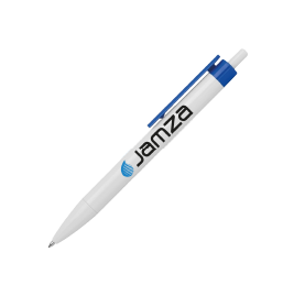 Biały długopis z nadrukiem. Długopis reklamowy z niebieskim logo, gadżet firmowy.