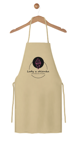 Beżowy fartuch z nadrukiem. Odzież gastronomiczna z logo lodziarni, fartuchy reklamowe dla gastronomii.