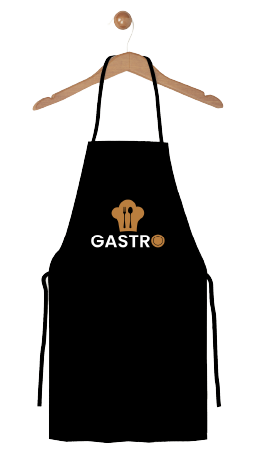 Czarny fartuch z nadrukiem. Odzież gastronomiczna z logo, fartuchy reklamowe dla kucharzy i kelnerów.