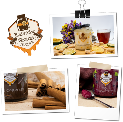 Trzy zdjęcia produktowe przedstawiające słoiki z miodem, cynamon i owoce. Zdjęcia żywności.