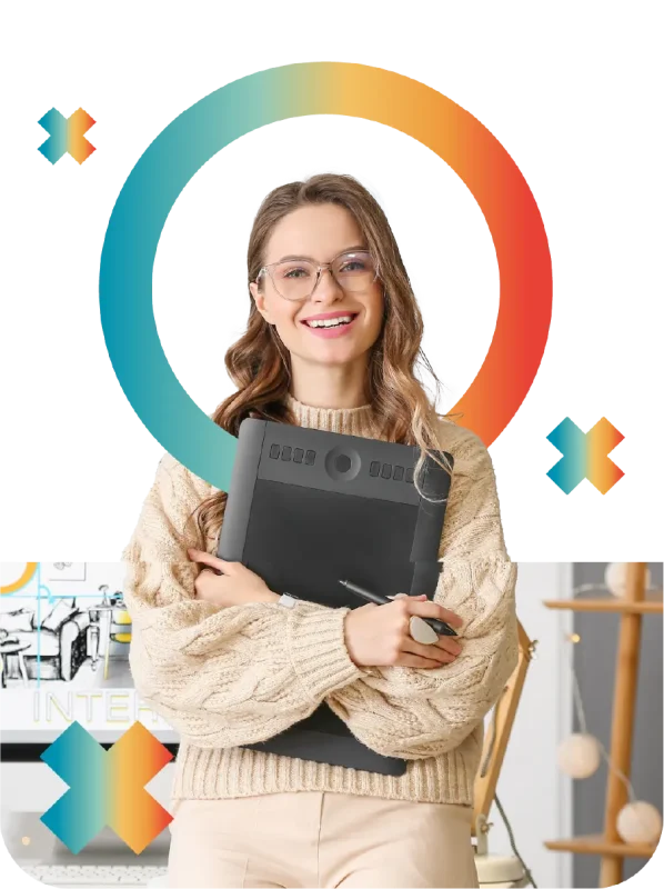 Uśmiechnięta kobieta w okularach trzyma tablet graficzny. Wokół głowy kolorowa obręcz. Grafik komputerowy.