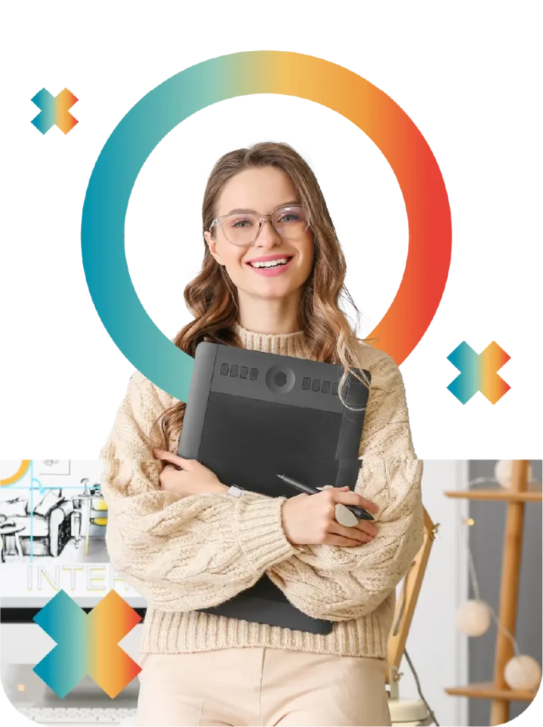 Uśmiechnięta kobieta w okularach trzyma tablet graficzny. Wokół głowy kolorowa obręcz. Grafik komputerowy.