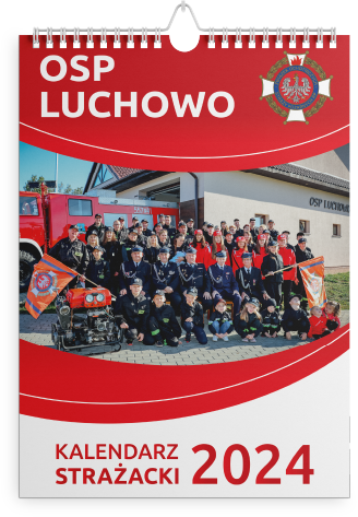 Kalendarz spiralowany z własnym nadrukiem. Strażacy w mundurach przed remizą i wozem.