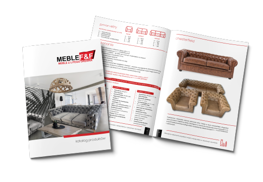 Katalog reklamowy z okładką wnętrza. Rozłożone strony z modelami sof. Katalog meblowy.