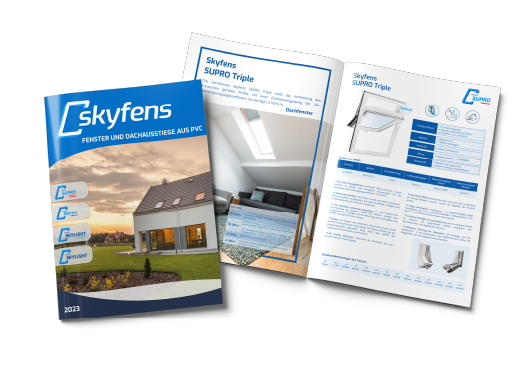 Katalog z niebieską okładką. Rozłożone strony z grafikami okien i wnętrz. Katalog okienny.