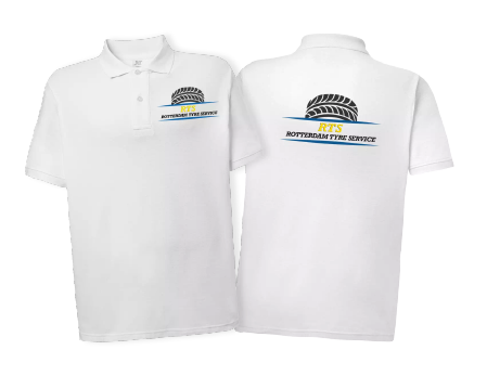 Białe koszulki polo z nadrukiem. Odzież firmowa z logo serwisu opon, personalizowane koszulki polo.