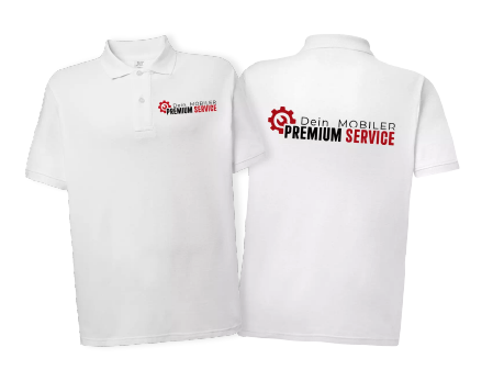 Białe koszulki polo z nadrukiem. Odzież firmowa z logo mobilnego serwisu, personalizowane koszulki.