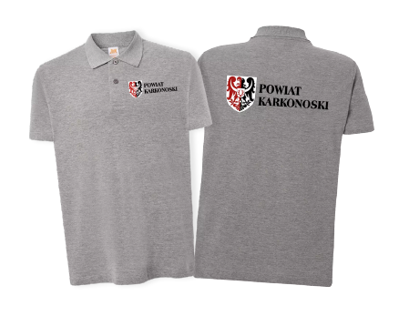 Szare koszulki polo z nadrukiem. Odzież firmowa z herbem, personalizowane koszulki polo dla administracji.