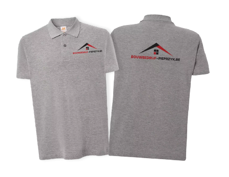 Szare koszulki polo z nadrukiem. Odzież firmowa z logo budowlanym, personalizowane koszulki polo.