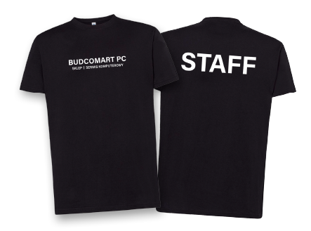Czarny T-shirt z białym napisem "STAFF" na plecach i tekstem na przodzie. Koszulka dla personelu.