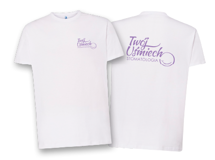 Biały T-shirt z fioletowym napisem "Twój Uśmiech STOMATOLOGIA" i zaokrąglonym kształtem przypominającym uśmiech, widok z przodu i z tyłu koszulki.