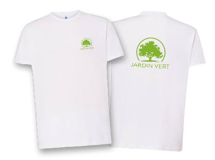 Biały T-shirt z zielonym nadrukiem drzewa w okręgu i tekstem pod nim, widok z przodu i z tyłu koszulki.
