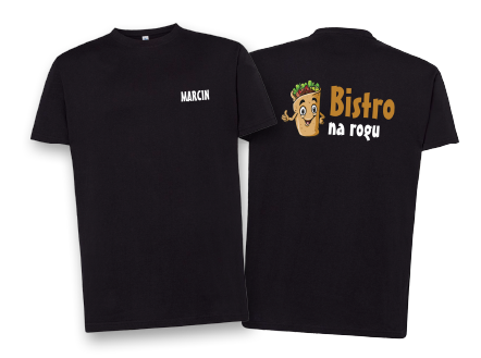 Czarny T-shirt z nadrukiem postaci z jedzenia i tekstem "Bistro na rogu". Koszulka z nadrukiem dla gastronomii.