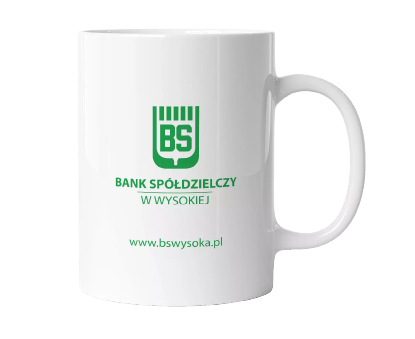 Kubek ceramiczny z nadrukiem. Kubek reklamowy z logo usług bankowych, gadżet firmowy.