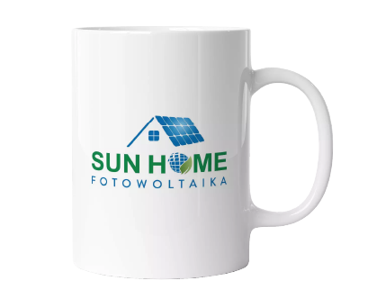 Kubek ceramiczny z nadrukiem. Kubek reklamowy z logo fotowoltaiki, gadżet firmowy.