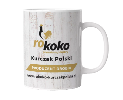 Kubek ceramiczny z nadrukiem. Kubek reklamowy z logo producenta drobiu, gadżet firmowy.
