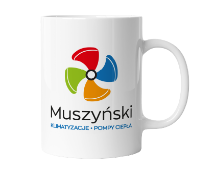 Kubek ceramiczny z nadrukiem. Kubek reklamowy z logo klimatyzacji i pomp ciepła, gadżet firmowy.